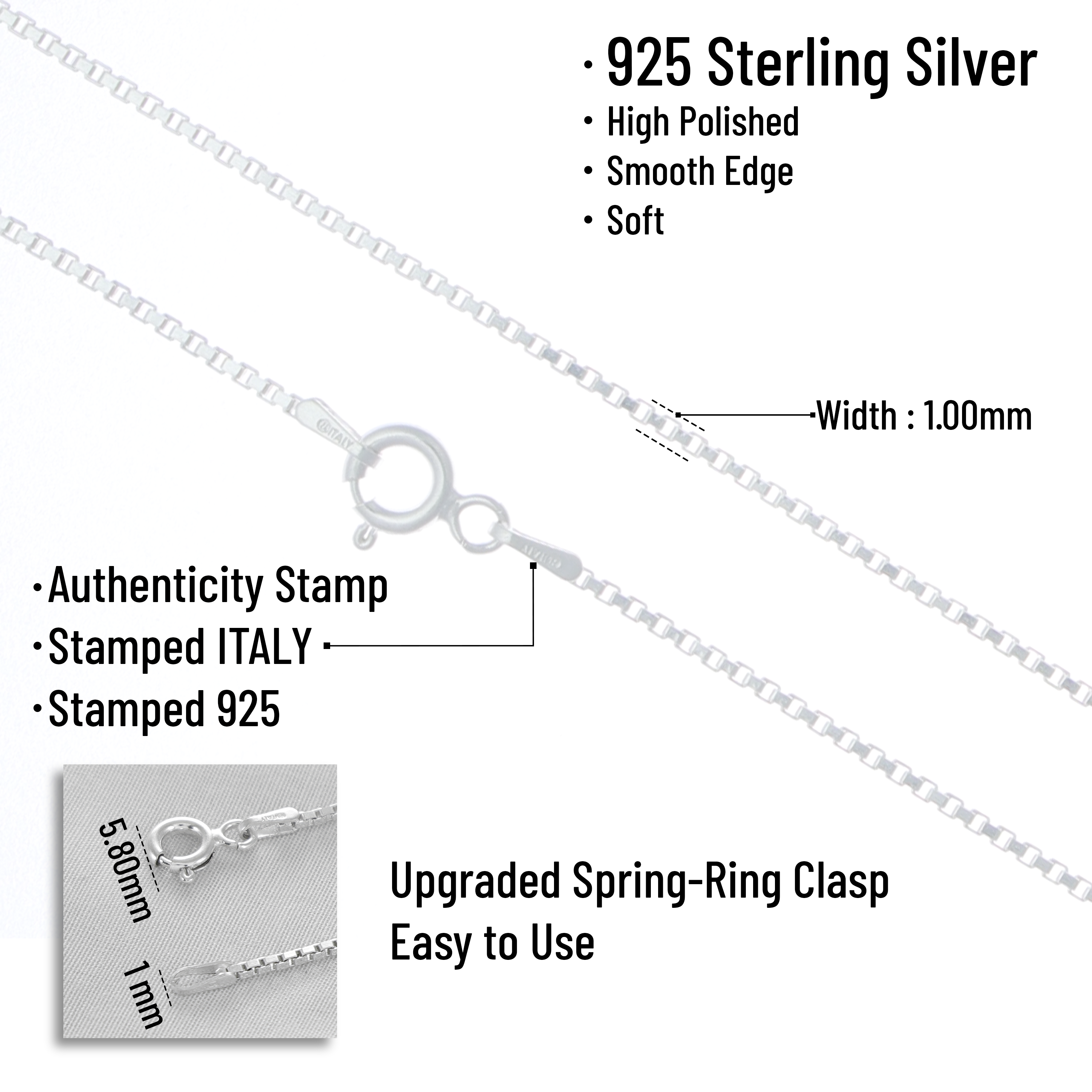 سلسلة صندوق دائري من الفضة الإسترليني عيار 925 - 2 ملم